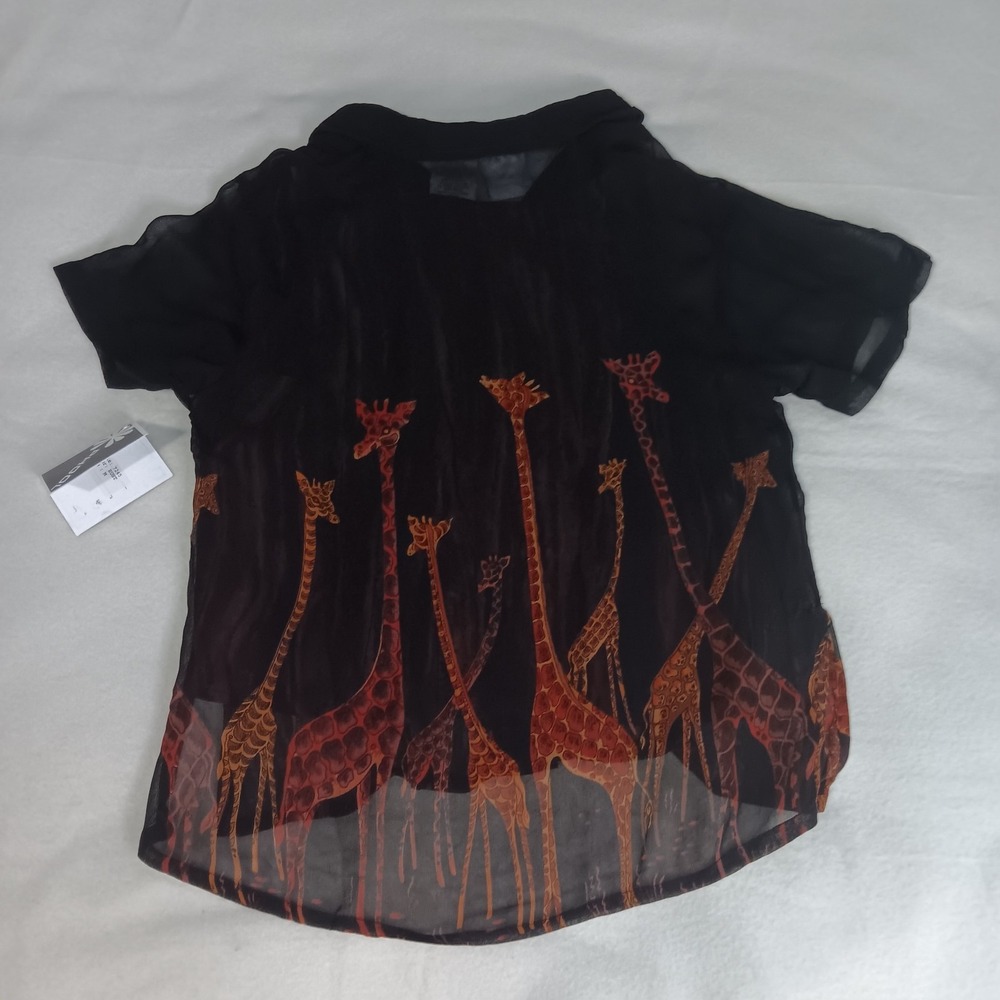 Phool  sheer black short sleeve collared button up blouse giraffe graphic Sz Med
